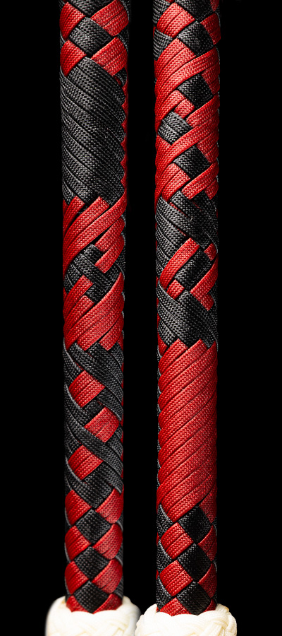 The handle detail of a 7 foot Harlequin Bullwhip
